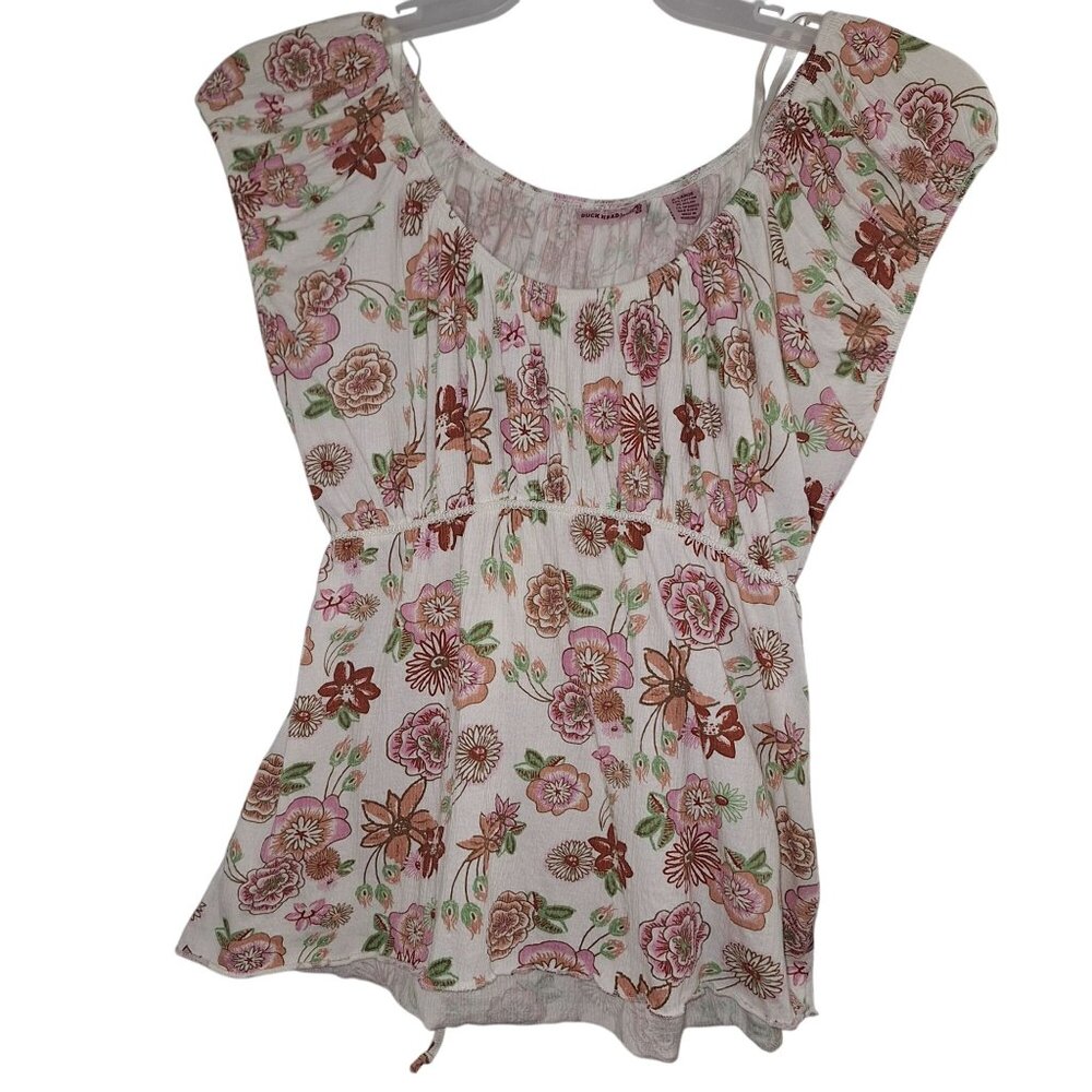Duck Head Jeans X-Large Floral Print Peasant Top With Waist Tie Pink & White Cot